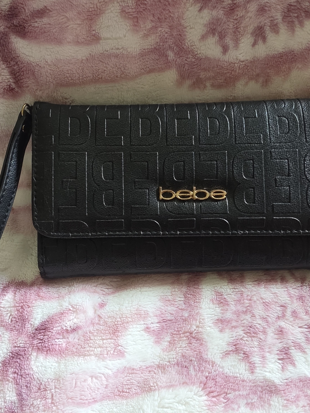 bebe Black Embossed Logo Wristlet Clutch with Gold Hardware